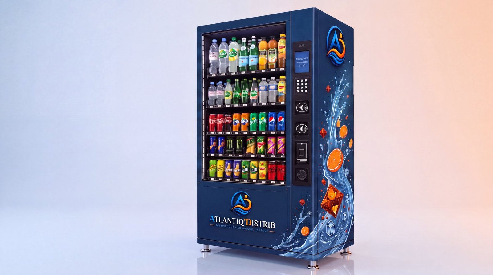 Distributeur Atlantiq'Distrib avec façade vitrée, boissons fraîches